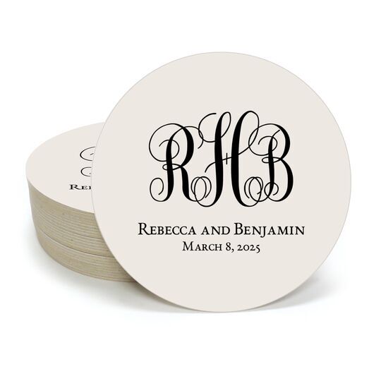 Fancy Script Monogram with Text Round Coasters